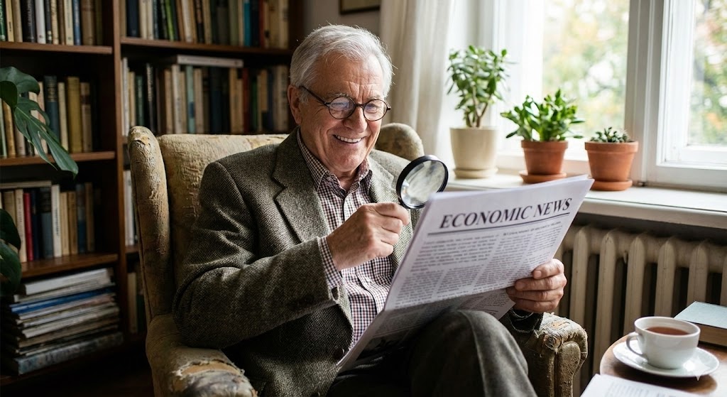 돋보기를 들고 경제 신문을 꼼꼼히 읽으며 미소 짓는 스마트한 시니어의 모습