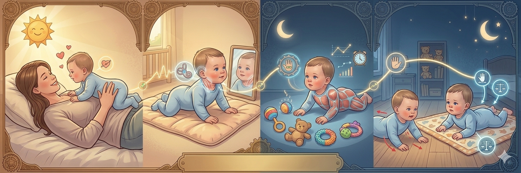 터미타임(Tummy Time)을 즐기는 아기들의 다양한 모습을 한데 모은 따뜻하고 부드러운 화풍의 일러스트이다. 그림에는 총 네 가지 상황을 통해 터미타임의 효과적인 환경을 보여주고 있다.

첫 번째 장면에서는 엄마가 편안하게 기대어 앉아 그 가슴 위에 아기를 엎드려 놓아 안락함 속에서 터미타임을 시작하는 모습이 담겨 있다. 두 번째 장면은 아기 앞에 안전한 거울을 두어, 거울에 비친 자신의 얼굴을 보려 노력하며 자연스럽게 고개를 드는 아기의 모습을 표현했다. 세 번째 장면에서는 부모가 아기의 눈높이에서 알록달록한 장난감을 흔들어 아기가 흥미를 느끼고 시선을 따라 고개를 들 수 있도록 유도하고 있다. 마지막 네 번째 장면은 딱딱한 맨바닥이 아닌 안정감 있는 얇은 매트 위에서 팔꿈치를 단단히 짚고 엎드려 있는 아기의 모습을 묘사했다. 각 장면은 아기의 목과 어깨 근육 발달을 돕는 터미타임의 교육적 환경을 시각적으로 구성하고 있다.