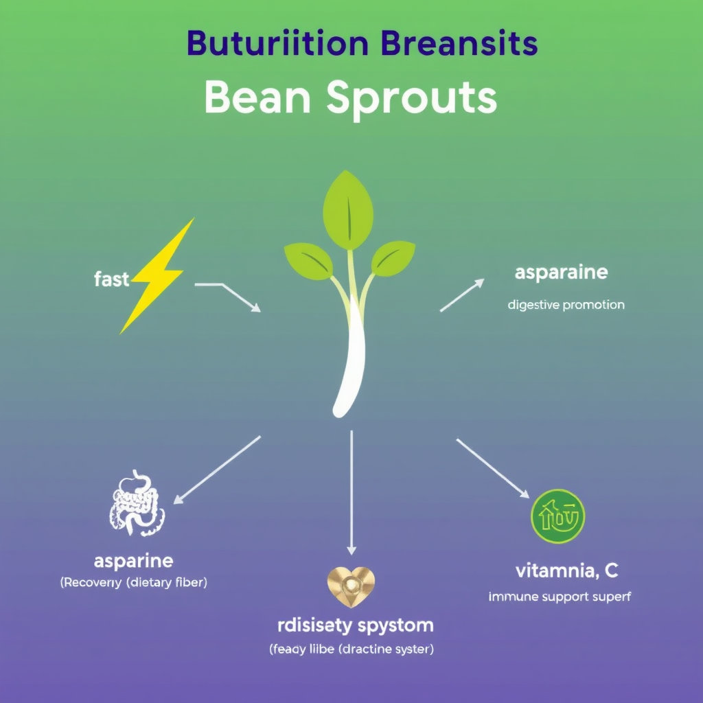 콩나물 모양의 아이콘과 함께 피로회복 (아스파라긴산), 소화 촉진 (식이섬유), 면역력 강화 (비타민 C) 등 주요 효능을 아이콘화하여 배치합니다. 깔끔하고 직관적인 디자인으로 정보 전달력을 높이는 인포그래픽 형태로 구성합니다.