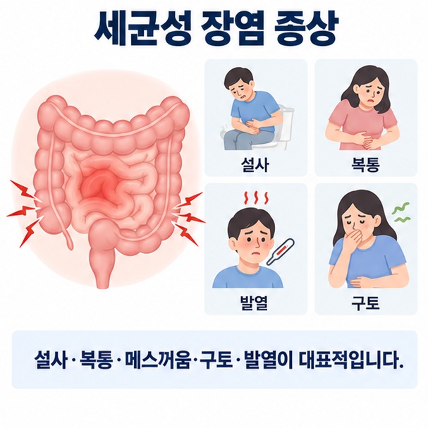 세균성 장염 증상이라는 제목과 장, 설사, 복통, 발열, 구토를 함께 표현한 대표 이미지