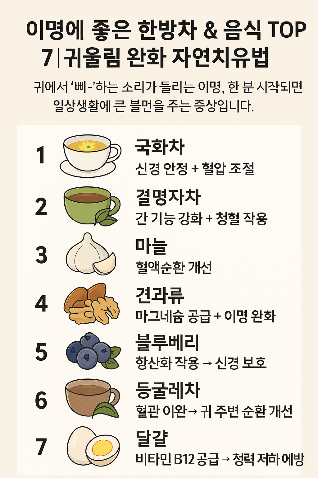 이명에 좋은 한방차 &amp; 음식 TOP 7 ❘ 귀울림 완화 자연치유법