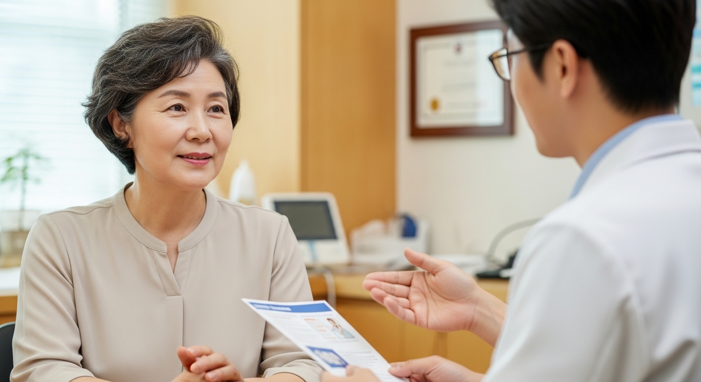 진료실에서 의사와 대상포진 예방접종에 대해 상담하는 60대 여성