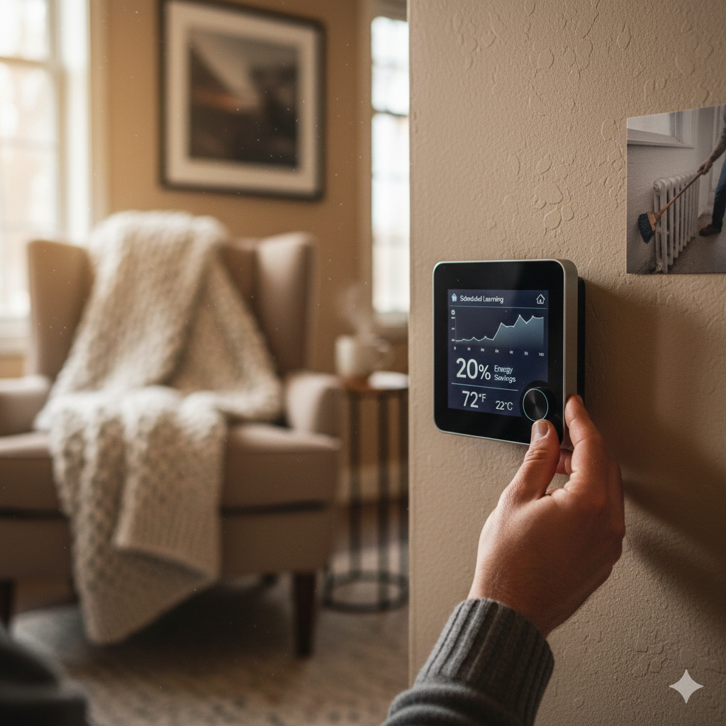 따뜻하고 아늑한 조명이 감도는 거실 벽면에서 사용자의 손이 세련된 디자인의 스마트 온도 조절기 다이얼을 돌리고 있어요. 조절기 화면에는 20% 에너지 절감(Energy Savings)이라는 문구와 함께 실내 온도가 표시되어 효율적인 난방 관리를 시각적으로 보여줘요. 배경에는 포근한 담요가 덮인 의자가 배치되어 있어 안락한 실내 분위기를 강조해요.