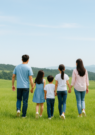가족과 손잡고 여행지를 둘러보는 사진
