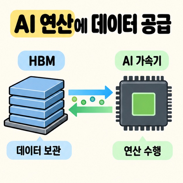 데이터 보관을 맡는 HBM과 연산 수행을 맡는 AI 가속기를 나란히 놓고 양방향 화살표로 연결한 역할 구분 도식
