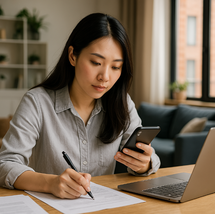 주택 신청 서류를 작성하는 여성의 모습