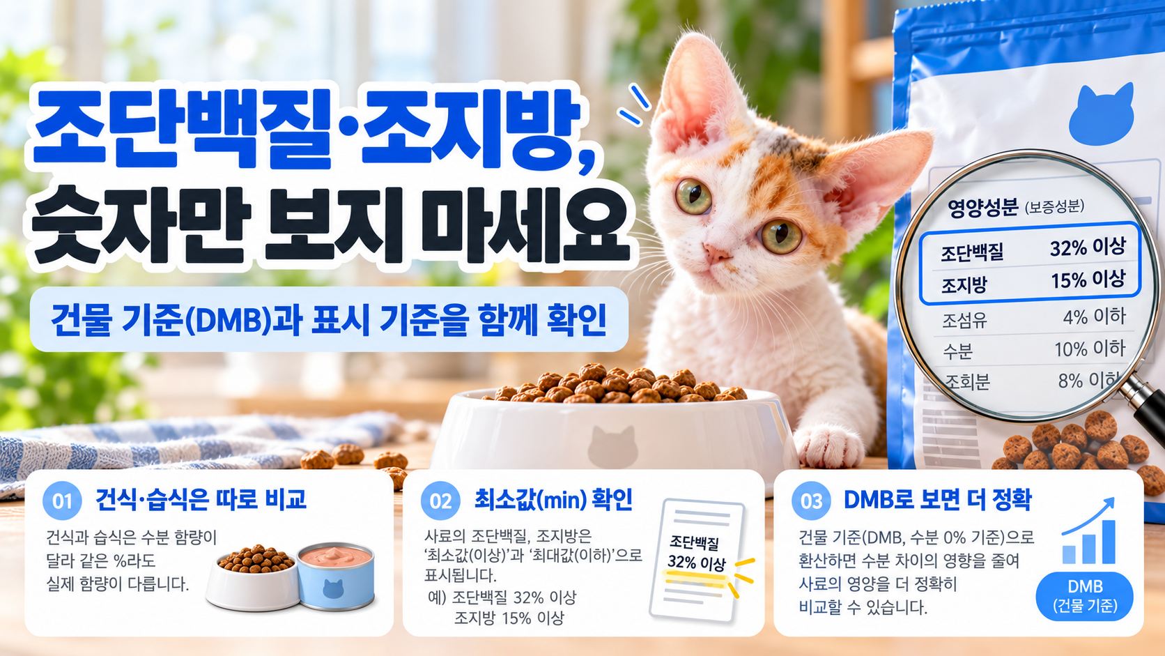 고양이 사료 조단백질과 조지방 표시값, 건물 기준 DMB 비교 방법