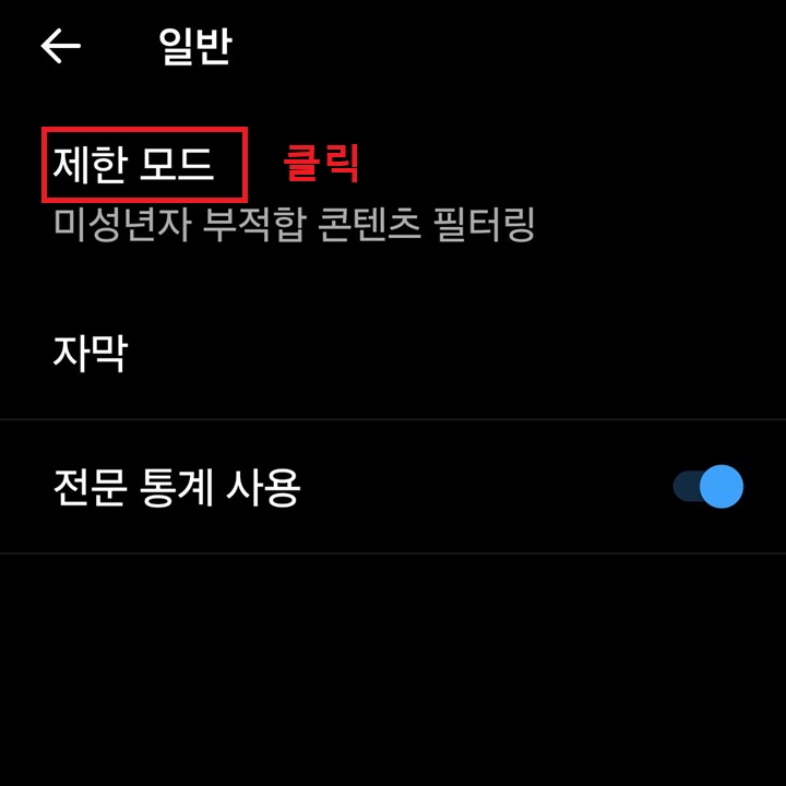 일반 페이지 상단에 제한 모드 보임