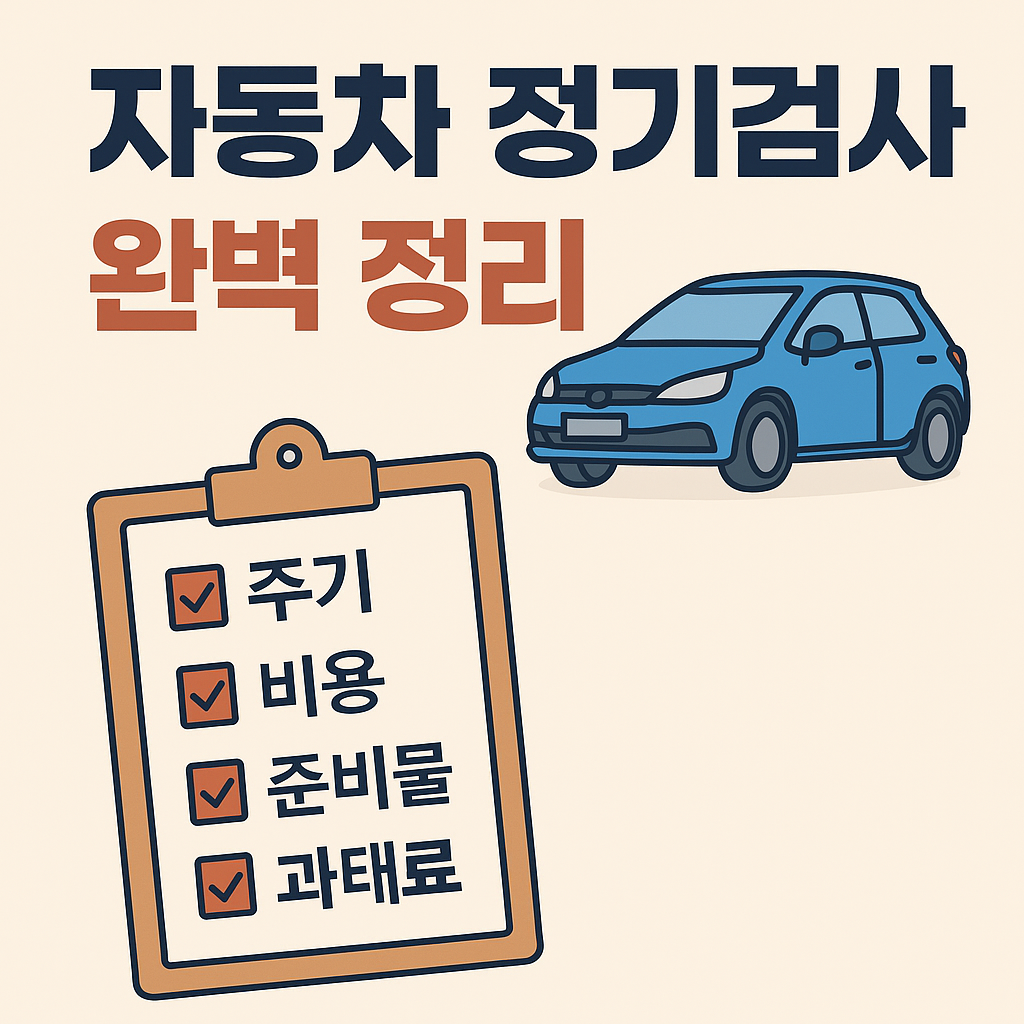 &ldquo;자동차 정기검사 완벽 정리&rdquo;라는 제목과 함께 파란색 소형 자동차 그림과 체크리스트가 있는 썸네일 이미지. 체크리스트 항목에는 &lsquo;주기&rsquo;, &lsquo;비용&rsquo;, &lsquo;준비물&rsquo;, &lsquo;과태료&rsquo;가 포함되어 있으며, 전체적으로 깔끔한 플랫 디자인의 정보형 이미지입니다.