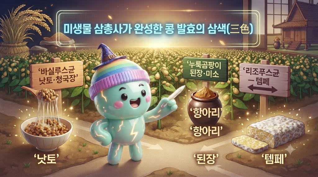 첫 번째 길 (주황색): "바실루스균 &mdash; 낫토&middot;청국장" (끈적한 실이 특징)

두 번째 길 (녹색): "누룩곰팡이 &mdash; 된장&middot;미소" (구수한 페이스트가 특징)

세 번째 길 (보라색): "리조푸스균 &mdash; 템페" (하얀 균사로 덮인 블록)
쫀쿠가 "어떤 미생물을 만나느냐에 따라 콩의 운명이 결정돼!"라고 외치며 설명하고 있습니다. 배경으로는 깔끔하게 정돈된 볏짚, 전통 항아리, 인도네시아 전통 가옥이 명확하게 보입니다.
