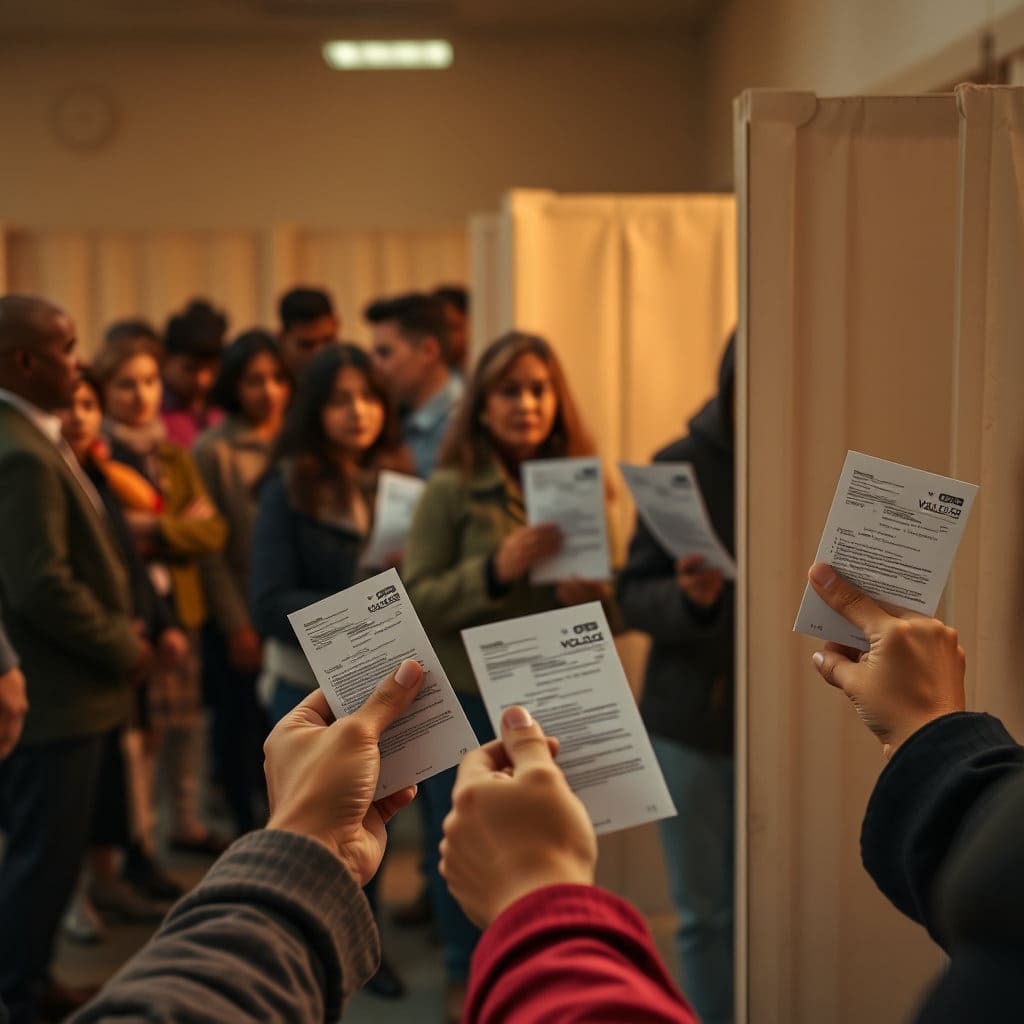 투표소 앞에서 줄을 서거나, 기표소 안에서 진지하게 투표하는 모습, 투표 인증샷을 찍는(얼굴 없이 손만 나오는 등) 다양한 유권자들의 모습을 따뜻하고 희망적인 분위기로 표현합니다.