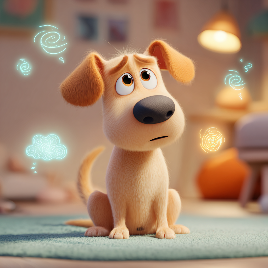 혼란스러워 하는 강아지, 픽사스타일 일러스트