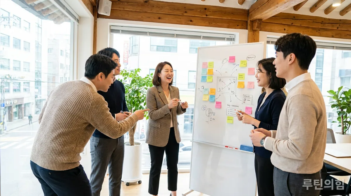 한국 직장인들이 화이트보드와 포스트잇을 활용하여 활발하게 브레인스토밍하는 모습