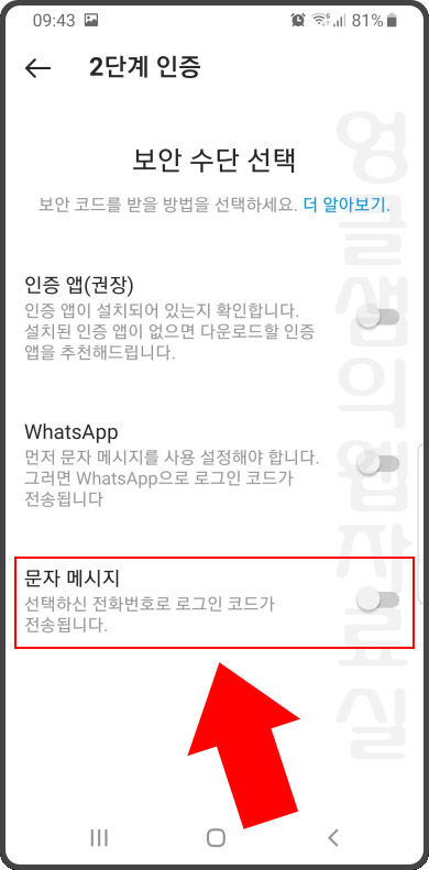 인스타그램 보안 수단 선택