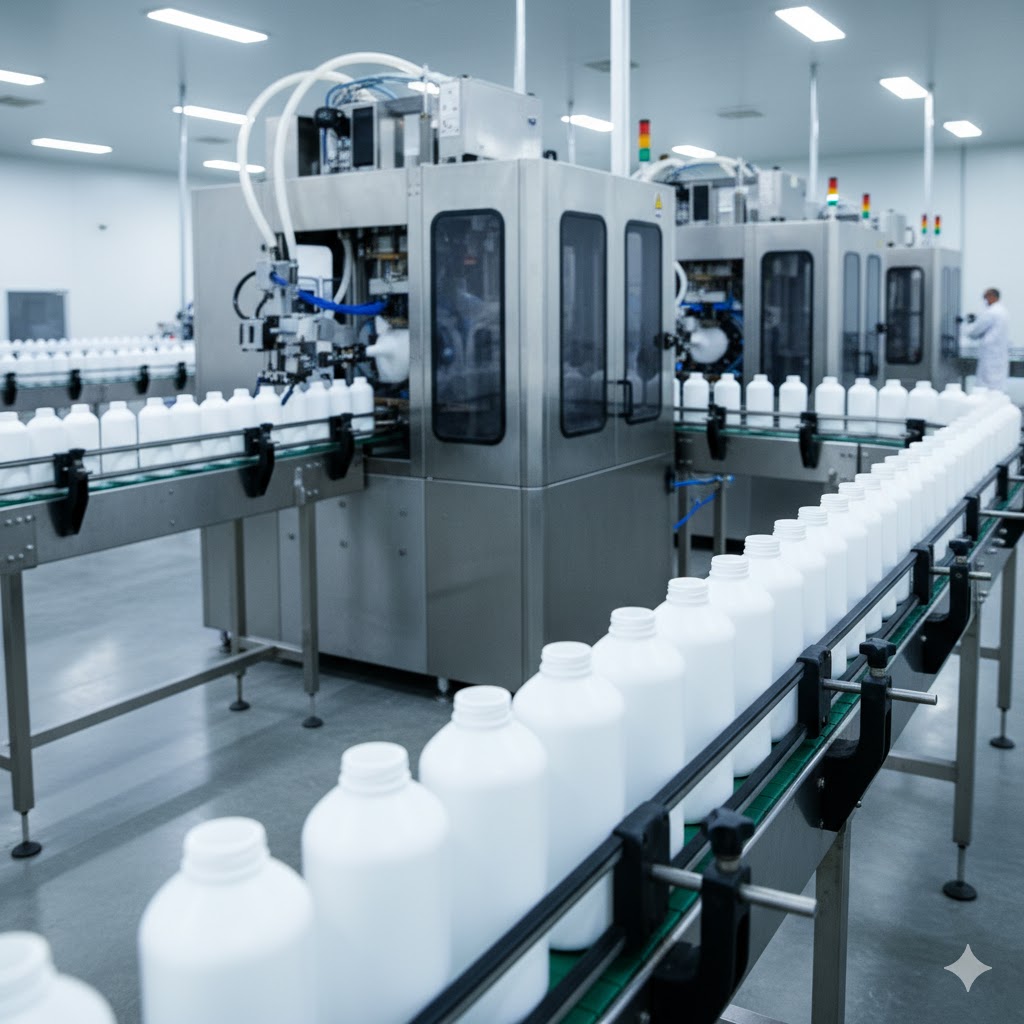 컨베이어 벨트를 따라 HDPE 용기들이 이동하는 현대적인 생산 라인의 컨셉 사진. (일반적인 자동화 공장 컨셉)