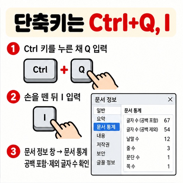 Ctrl 키와 Q를 누른 뒤 I를 눌러 문서 정보 창을 열고 문서 통계에서 글자 수를 확인하는 순서를 보여주는 카드