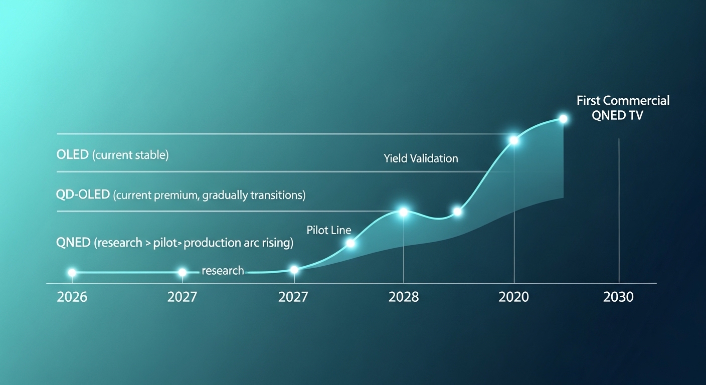 Samsung Display technology roadmap timeline 2026 to 2030. Horizontal axis years 2026, 2027, 2028, 2029, 2030. Three technology lanes OLED (current stable), QD-OLED (current premium, gradually transitions), QNED (research → pilot → small mass production arc rising). Milestones Pilot Line, Yield Validation, First Commercial QNED TV. Teal gradient background with glowing milestone markers. English labels only.