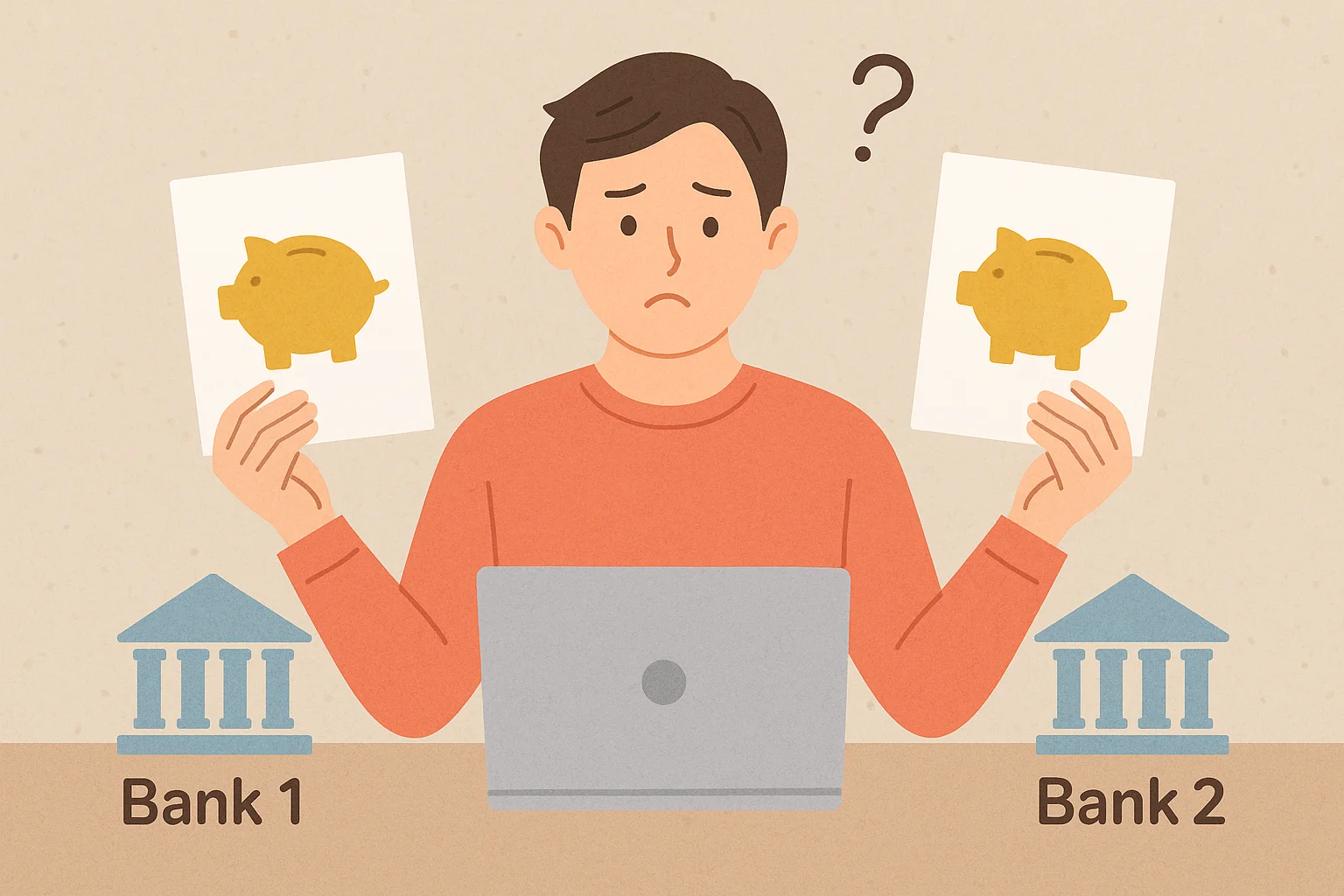 두 개의 적금 상품을 비교하며 혼란스러워하는 남성의 모습, 금융사 적금 비교 상황을 표현한 일러스트