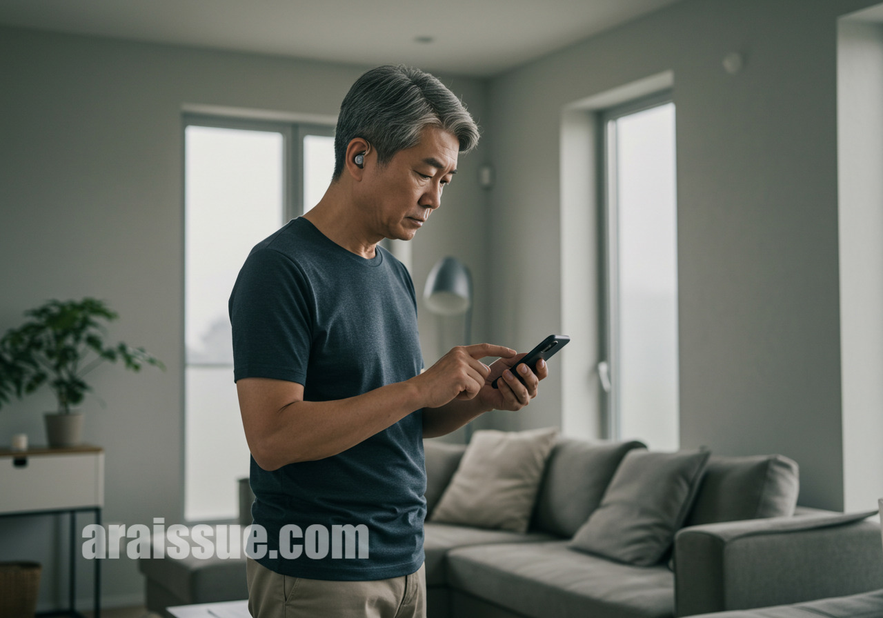 한국인 중년 남성이 보청기를 착용한 채 스마트폰 타이머를 설정하고 있다. 계획적으로 적응 훈련 중인 장면이며, 공간은 미니멀한 현대식 거실이다.