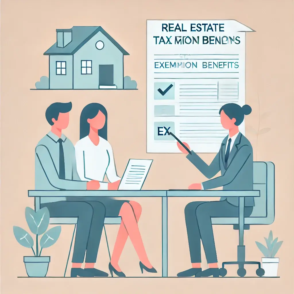 세무 담당자가 부동산 취득세 감면 혜택을 설명하는 단순한 일러스트