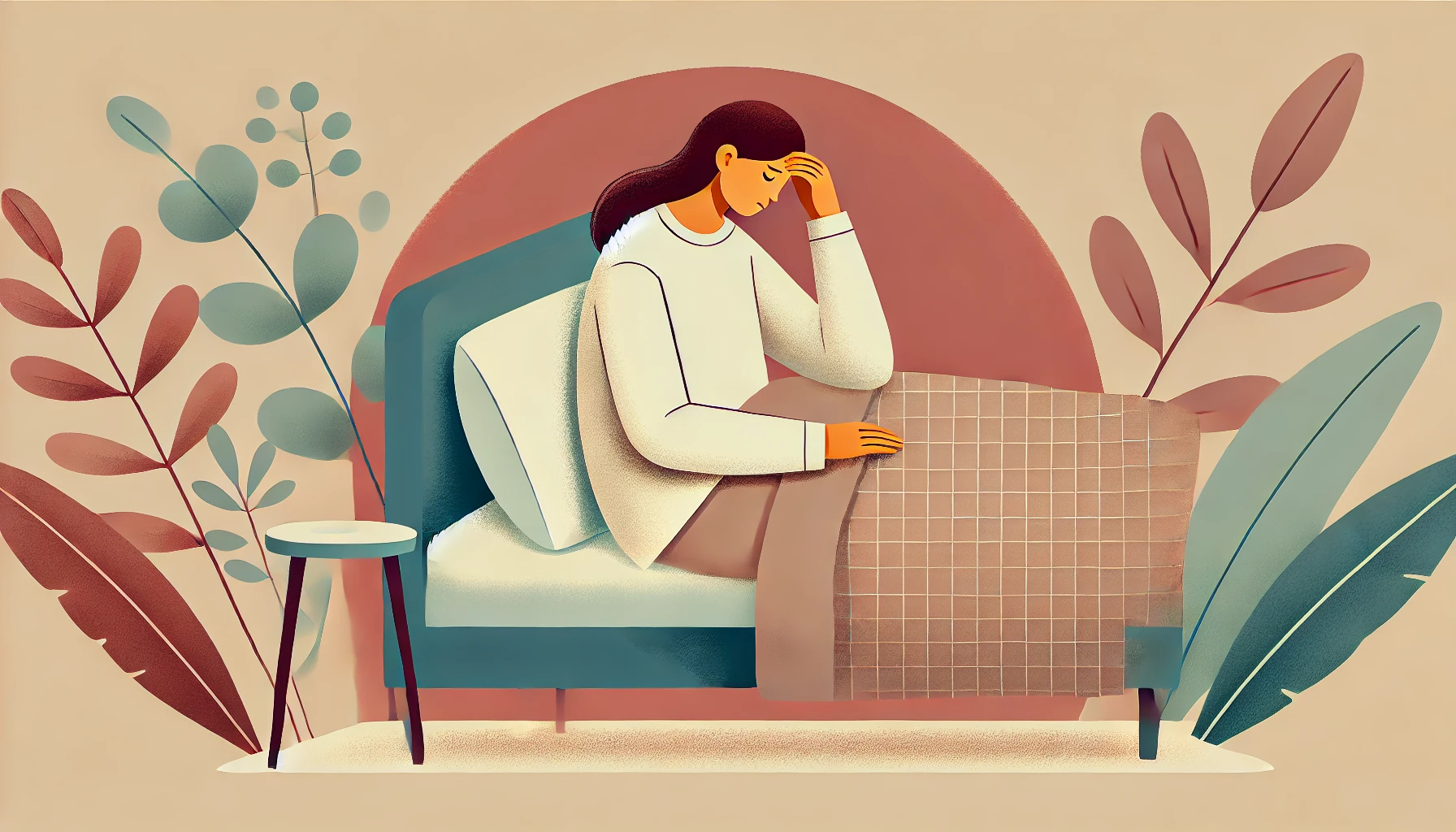 피로감을 느끼며 침대에 누운 여성이 이마를 짚고 쉬고 있는 플랫 스타일 일러스트