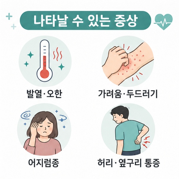 발열·오한, 가려움·두드러기, 어지럼증, 허리·옆구리 통증 등 수혈 중 나타날 수 있는 증상을 정리한 그림