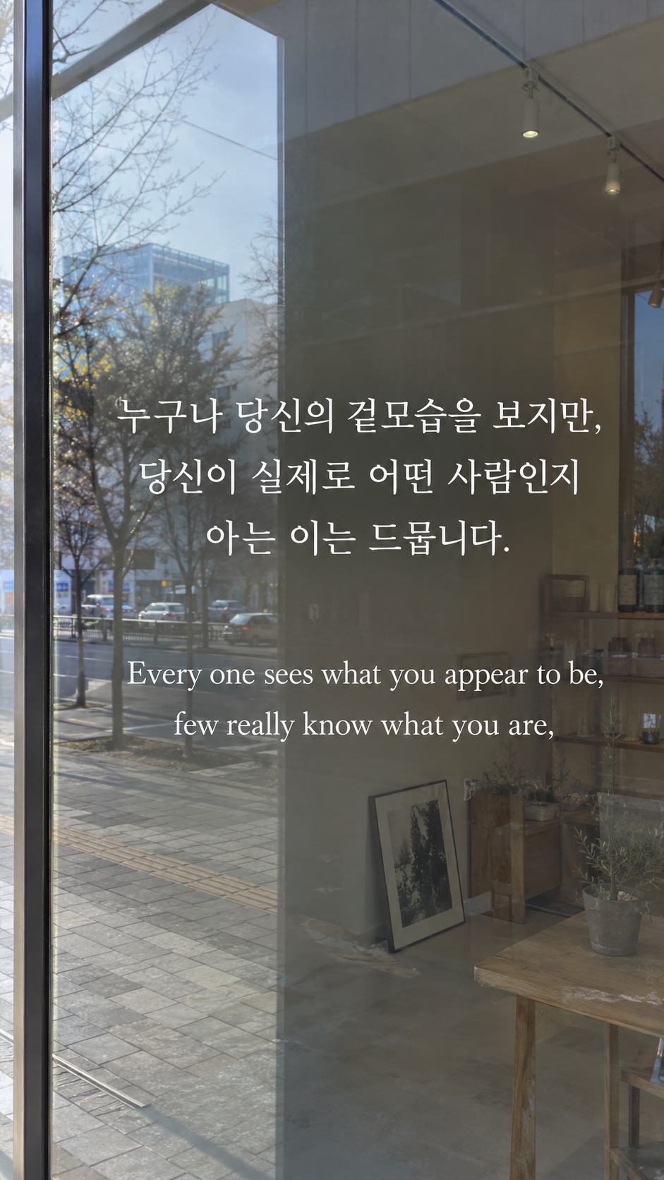 누구나 당신의 겉모습을 보지만, 당신이 실제로 어떤 사람인지 아는 이는 드뭅니다. — 거리와 빈 실내가 비치는 유리창