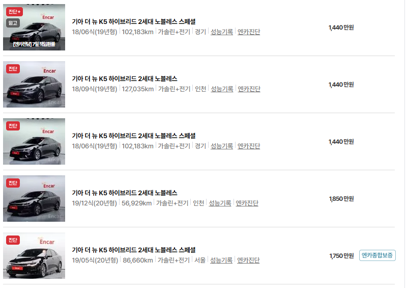 기아 K5 중고차 가격 시세표 유지비