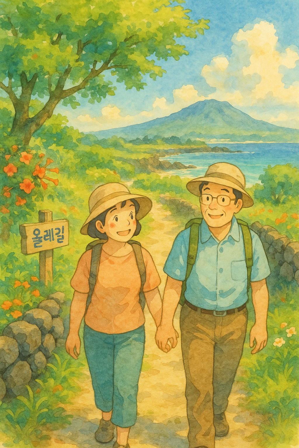 제주도 올레길을 걷는 중년 부부의 모습, 따뜻한 여름 오후, 지브리 스타일, 수채화 느낌