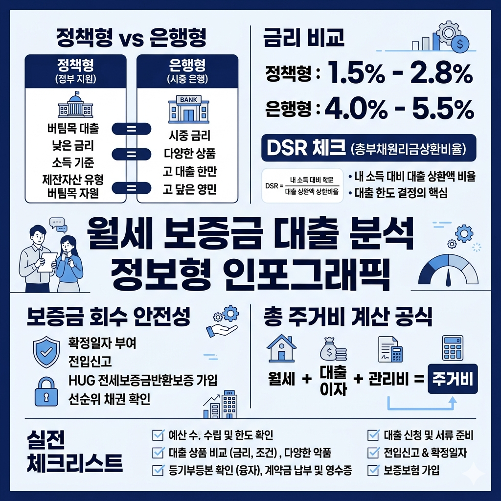 월세 보증금 대출 분석 금리·한도·DSR·실전 선택 기준 인포그래픽
