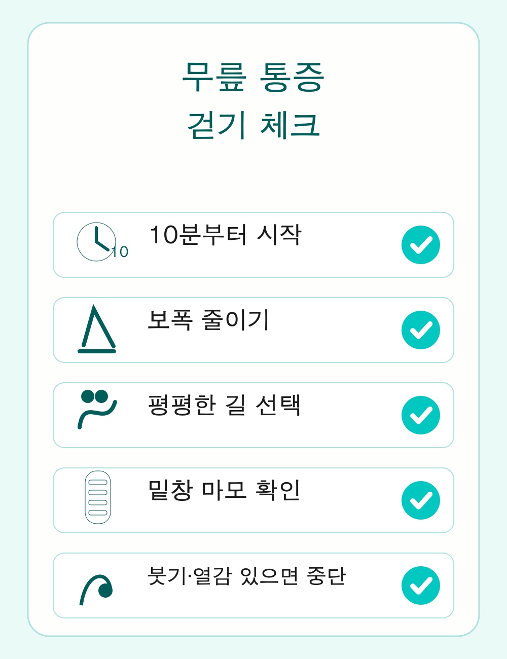 무릎 통증 걷기 체크리스트 보폭 평평한 길 밑창 마모 붓기 열감