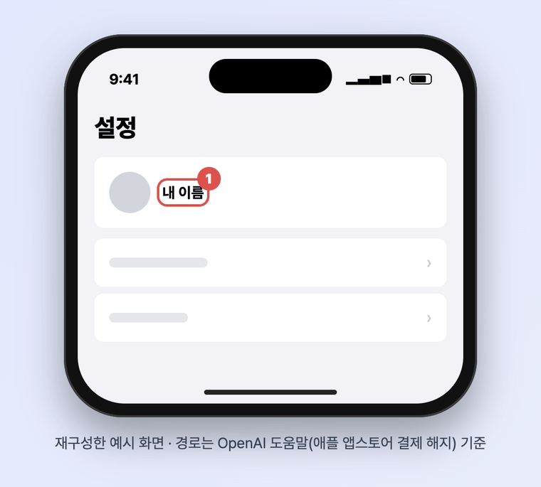 아이폰 설정에서 내 이름, 구독, ChatGPT, 구독 취소 순서로 누르는 과정을 재구성한 움직이는 화면