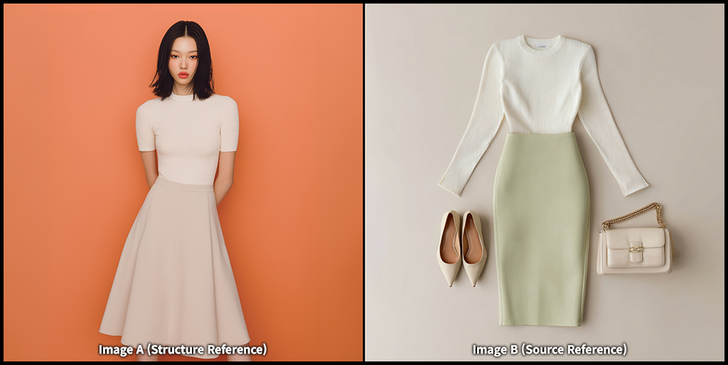 기준 인물 A + 플랫레이 의상 B 입력 이미지 예시_Midjourney