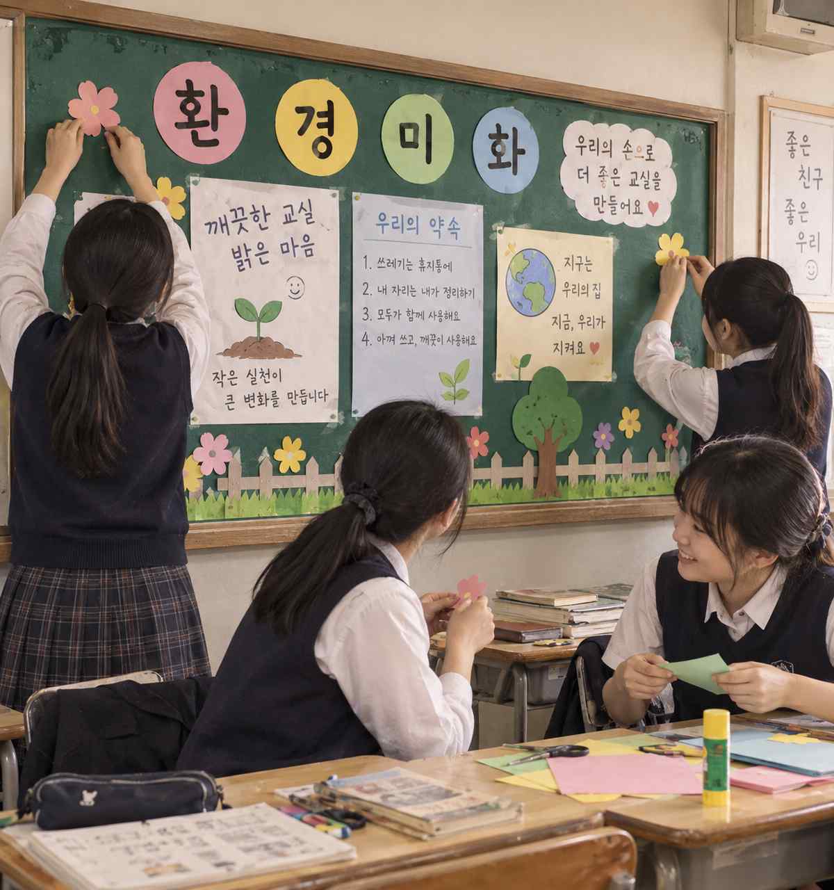 여러 학생이 역할을 나누어 교실 게시판에 장식을 붙이는 모습