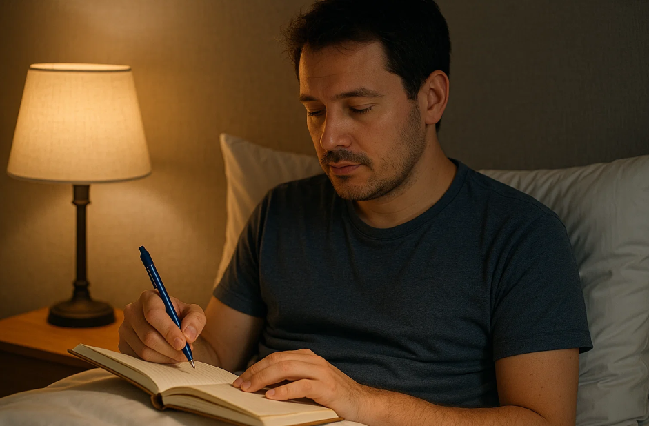 잠들기 전에 일기쓰는 30대 남성