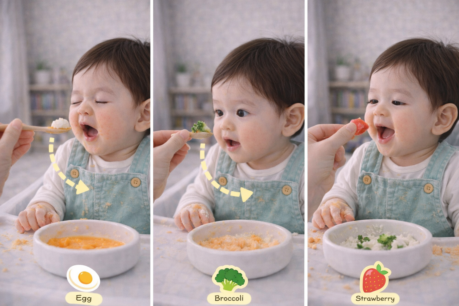 영아전환기 이유식 재료를 하나씩 추가하며 반응을 확인하는 모습
