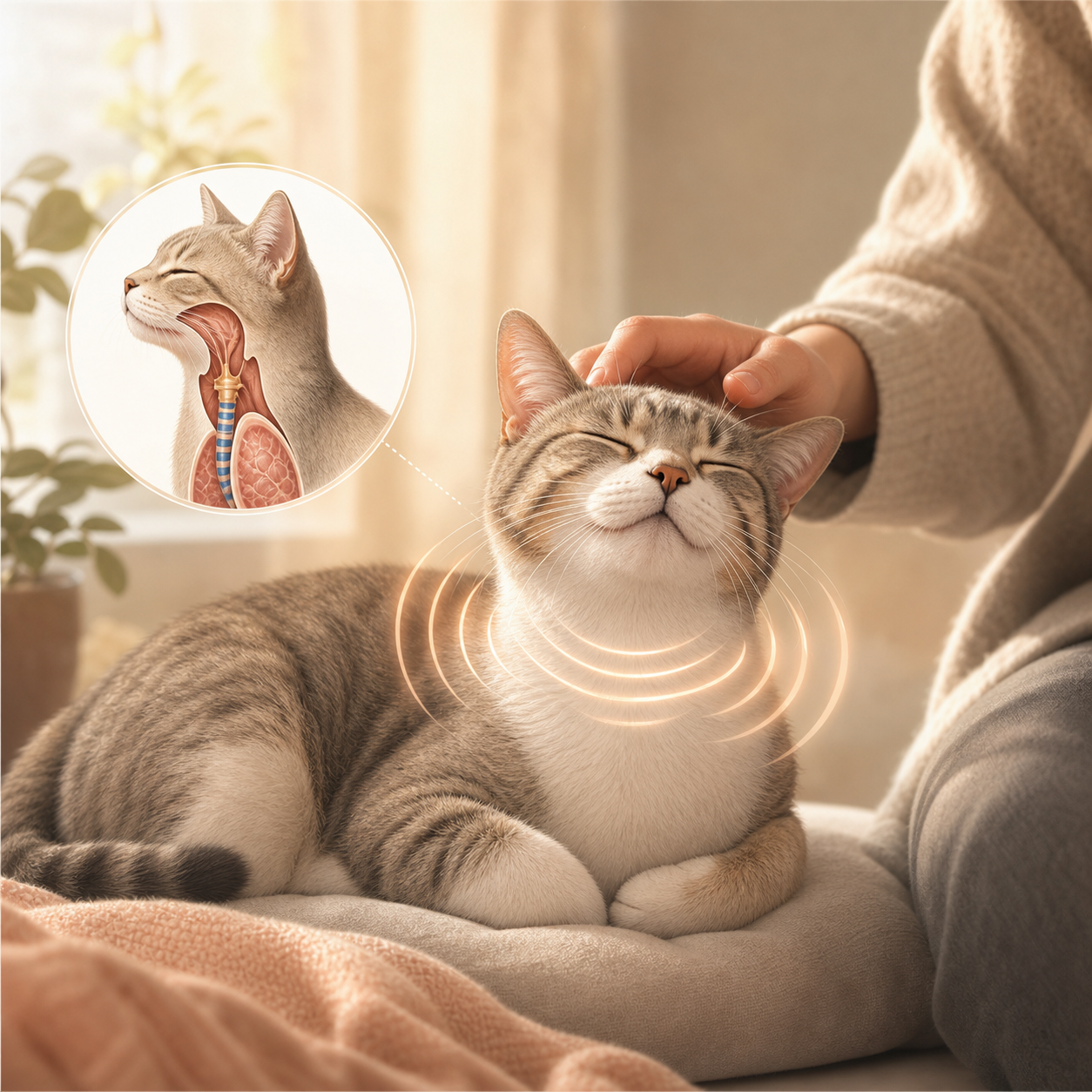 A calm cat purring beside a person in a warm room