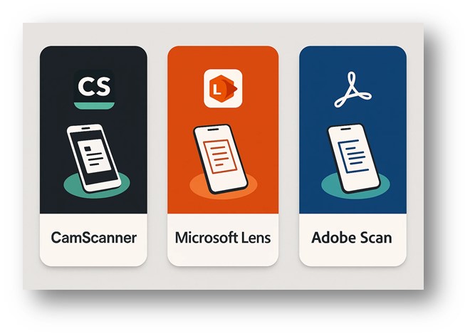 스마트폰으로 스캐닝 기능을 하게 해주는 대표적인 앱들인 캠스캐너, 마이크로소프트 렌즈, 어도비 스캔의 심볼 모습