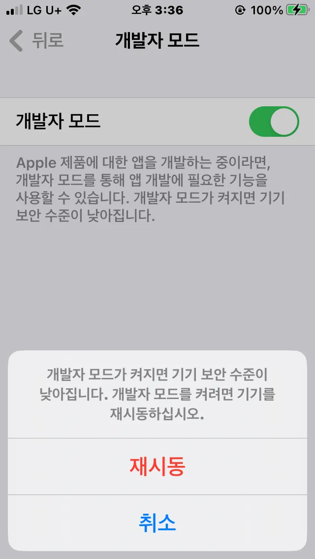 IOS 설정 개인정보 보호 및 보안 개발자 모드