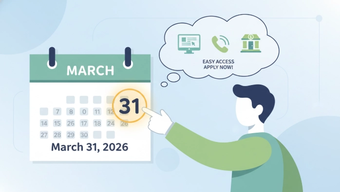 2026년 3월 31일 대출 신청 시작일을 나타내는 달력과 신청 방법을 보여주는 이미지