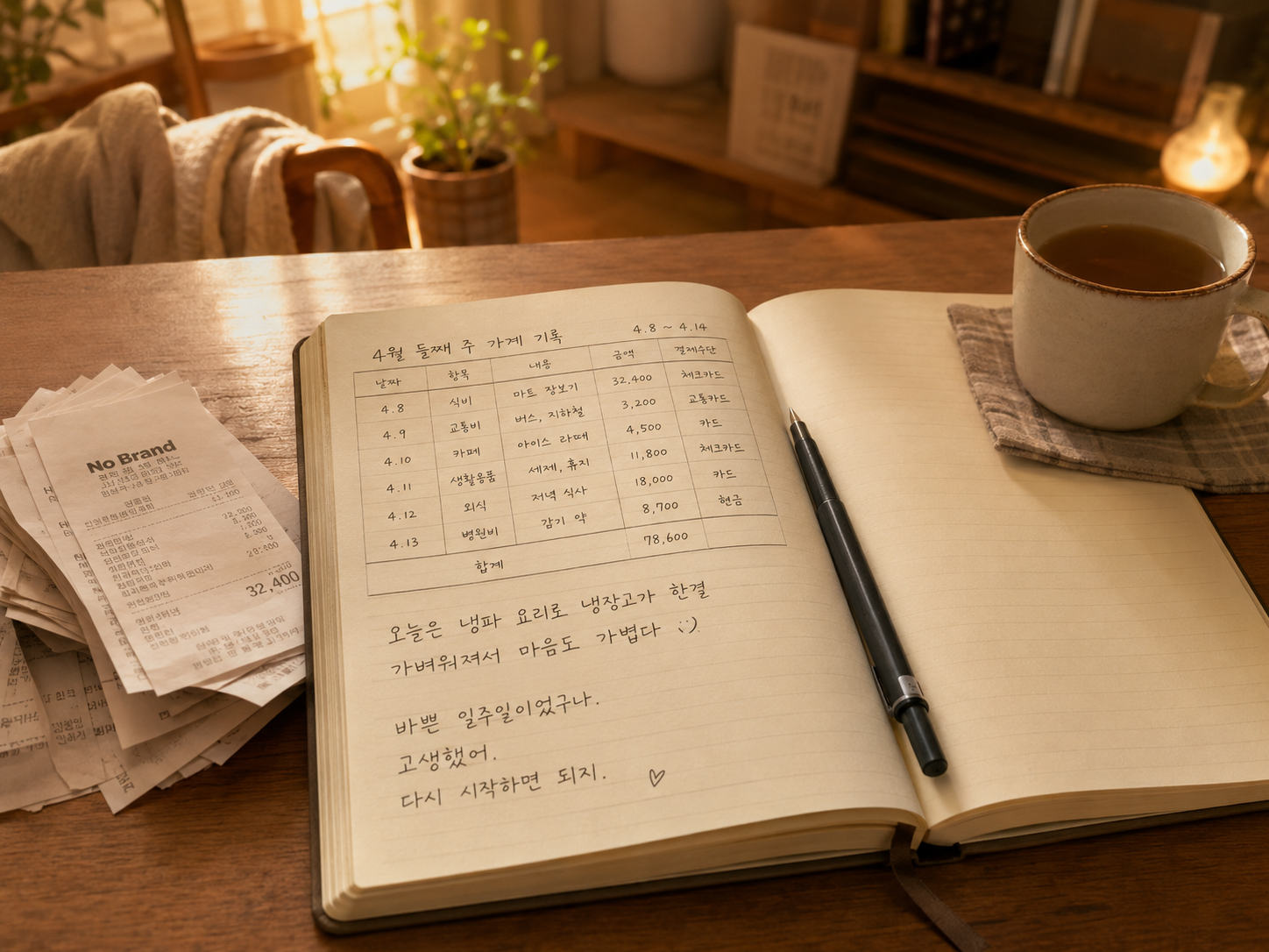 오후 햇살이 드는 책상 위, 가계부 기록과 영수증들이 놓여 있고 노트에는 '고생했어, 다시 시작하면 되지'라는 다정한 격려 문구가 적혀 있는 따뜻한 감성 사진