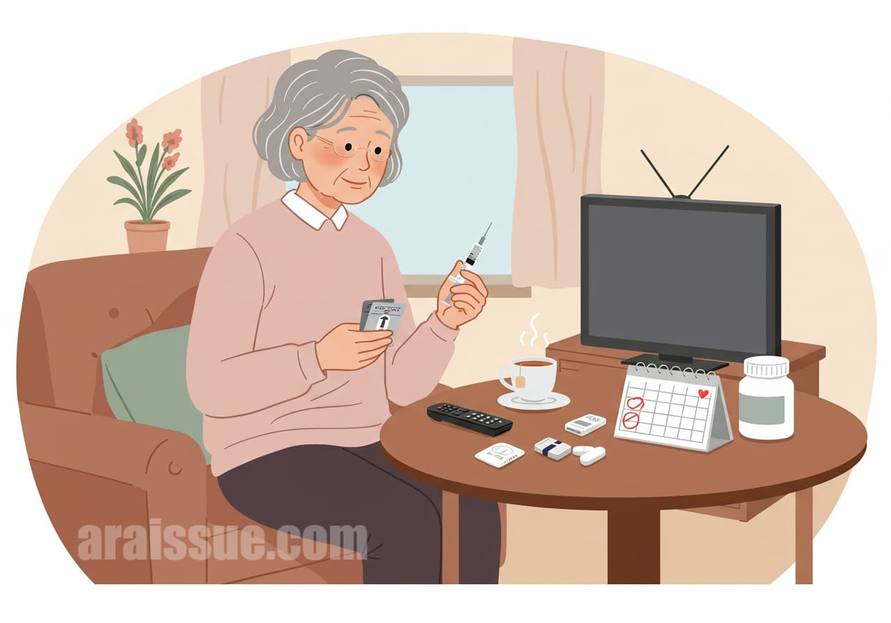 거실 식탁에서 당뇨 소모품을 정리하는 할머니