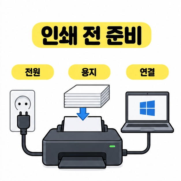 전원 플러그와 용지, 컴퓨터 연결을 확인하는 프린터 그림