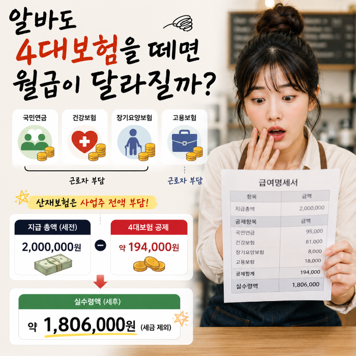 알바 월급 200만원에서 국민연금 건강보험 장기요양보험 고용보험 등 4대보험 공제 항목을 급여명세서로 확인하는 이미지