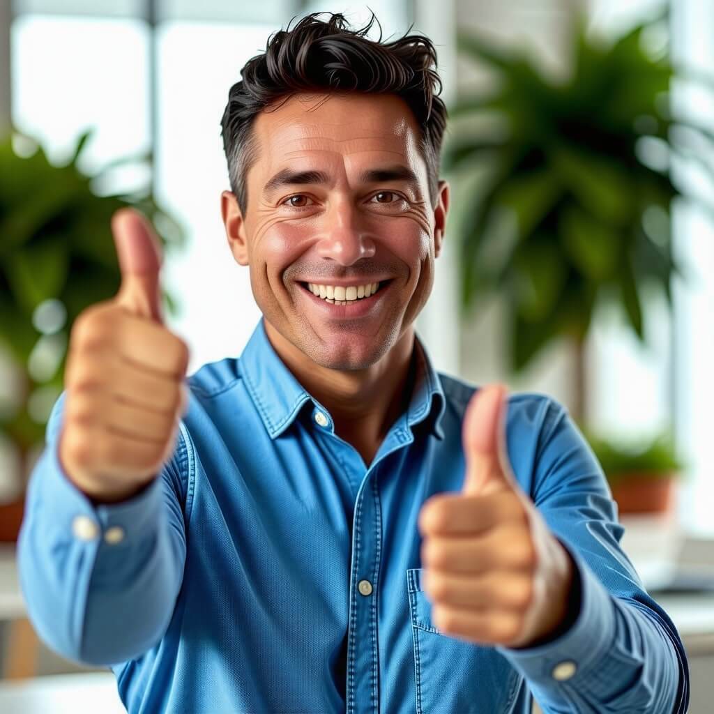 고객의 만족: 보험 상품에 만족하는 고객의 모습. 미소를 지으며 thumbs up을 하는 모습