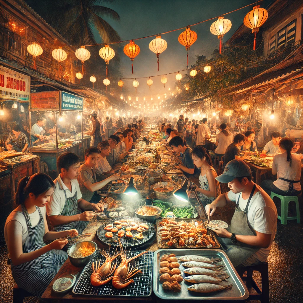 푸꾸옥 야시장에서 신선한 해산물을 즐기는 사람들