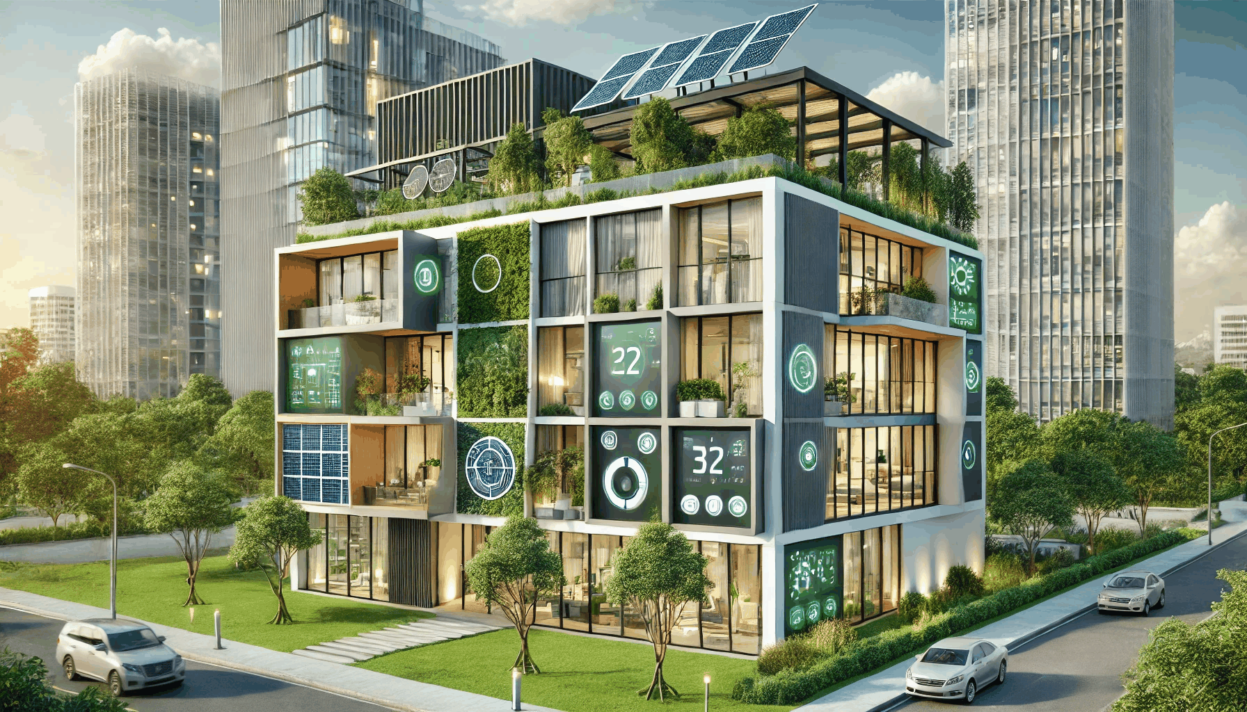 친환경적이고 스마트 기술이 적용된 미래지향적 건축물 이미지