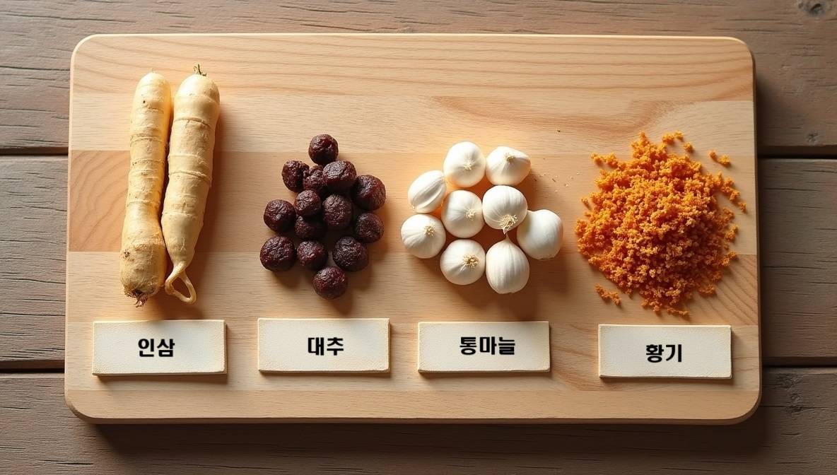 나무 도마 위에 인삼, 대추, 통마늘, 황기 뿌리가 각각의 이름표와 함께 정갈하게 놓여 있는 약재 콘셉트의 사진