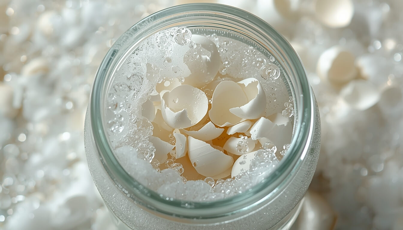 비눗물과 함께 유리병 안에 담긴 잘게 부순 달걀 껍데기