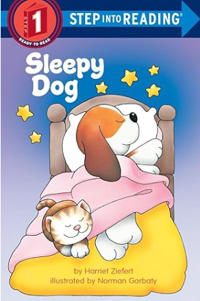 sleepy dog 표지. 강아지가 침대위에서 고양이와 함께 자고 있어요.